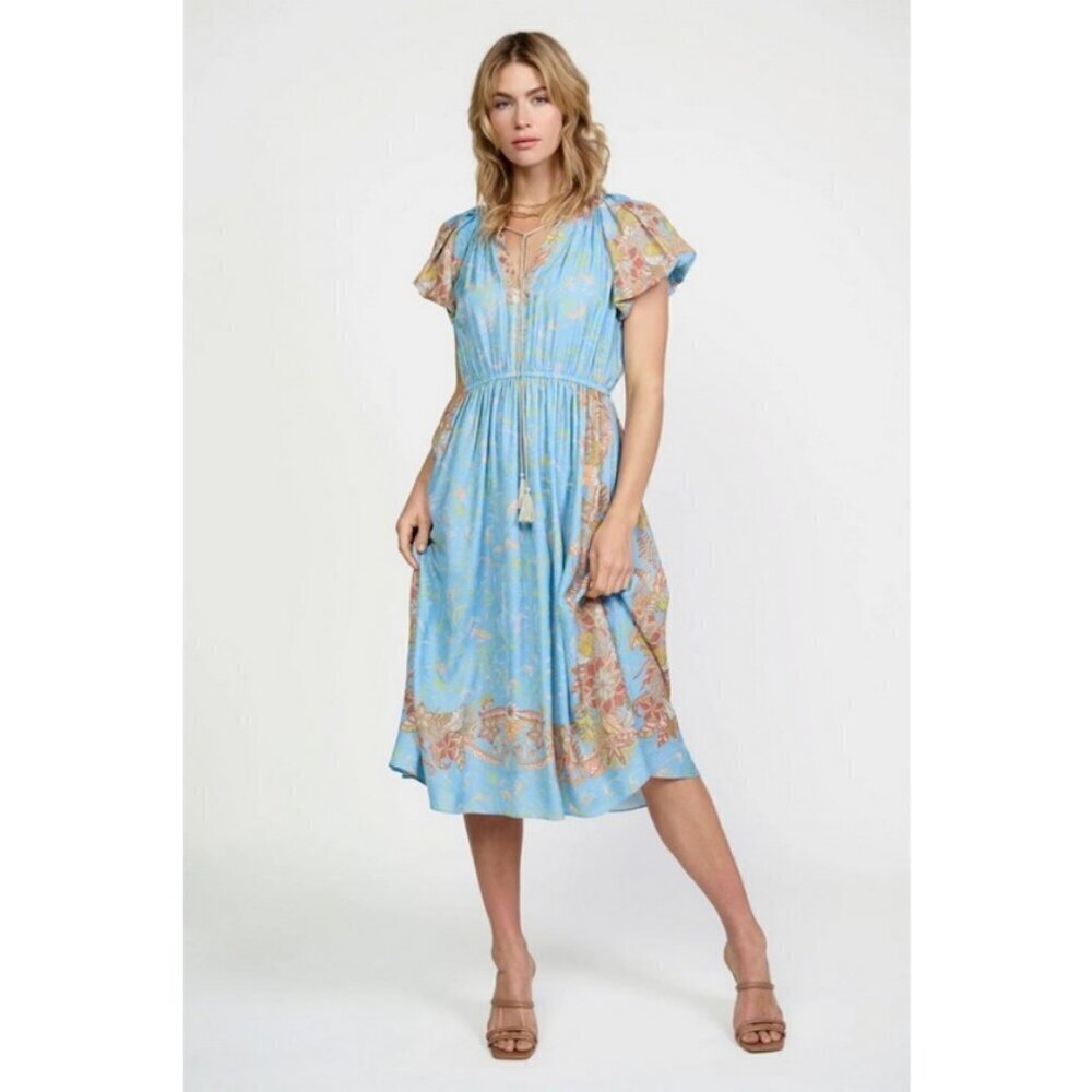 💕CURRENT AIR💕 Retro Bubble Sleeve Dress ~ Floral Sky Sand Print Large L NWT